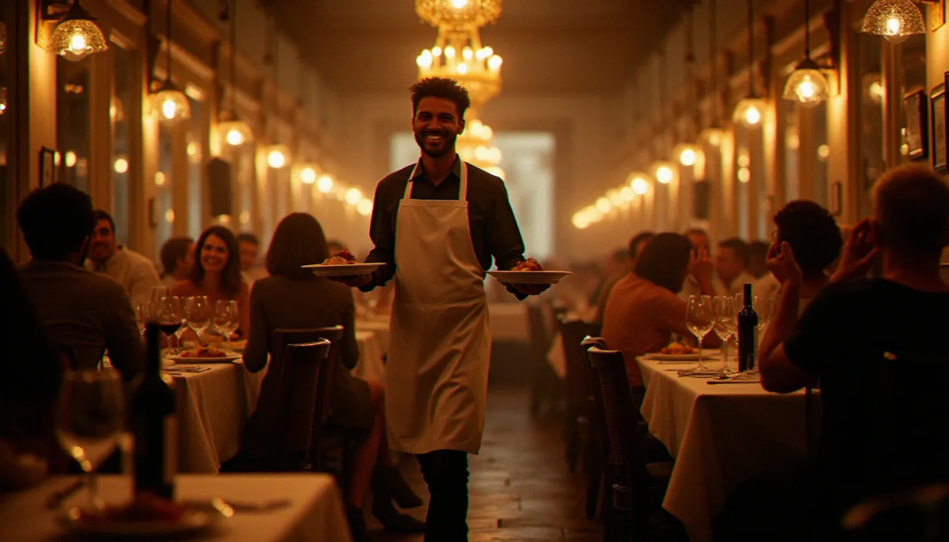 Salle de bistrot animée un vendredi soir, clients attablés et serveur en service, illustrant la fidélité des habitués et l'atmosphère unique du Bistro André