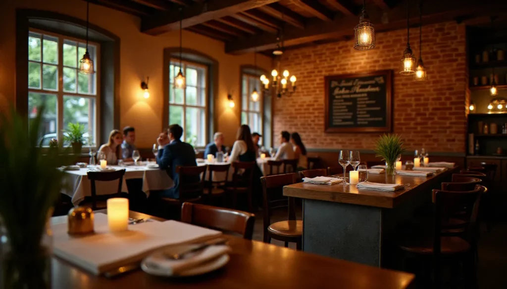 Intérieur chaleureux d'un bistrot français au zinc, tables dressées et éclairage vintage, illustrant l'ambiance conviviale et les prix accessibles du Bistro André