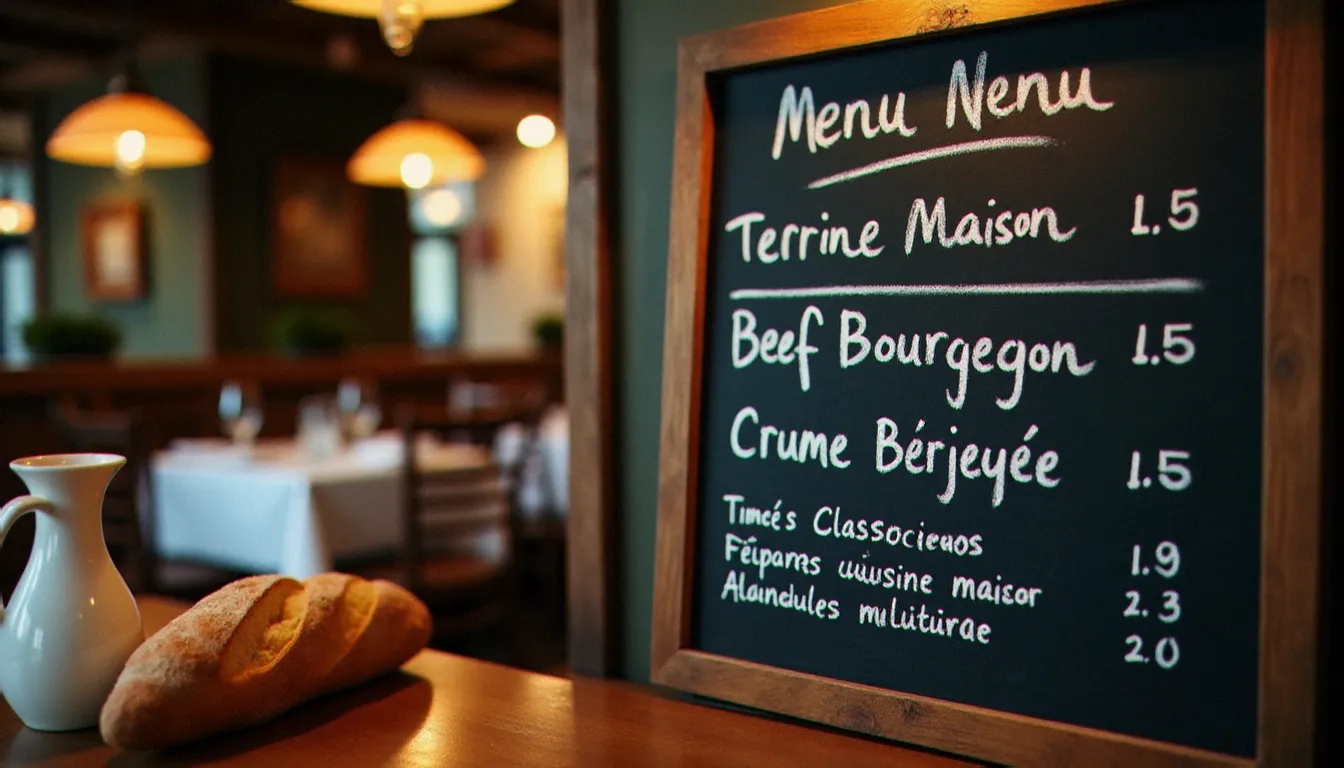 Ardoise de menu d'un bistrot français avec formules et plats du jour inscrits à la craie, représentant la composition de la carte et les tarifs du Bistrot André