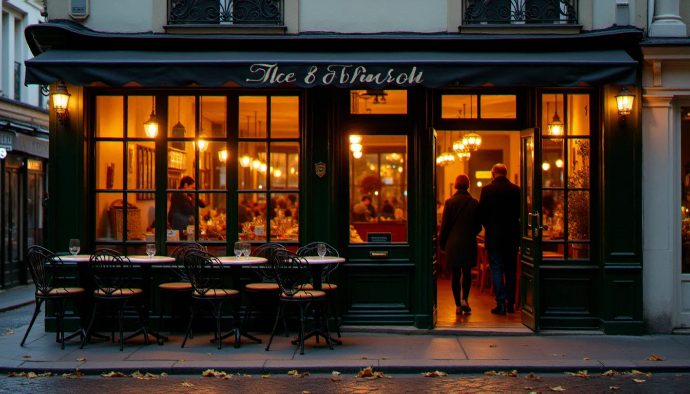 Façade chaleureuse d'un bistrot de quartier à la tombée de la nuit sur une rue pavée, illustrant l'ancrage local et l'atmosphère conviviale du Bistrot André en soirée