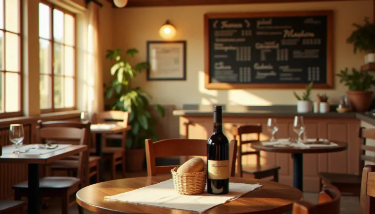 Intérieur chaleureux d'un bistrot traditionnel français avec comptoir en zinc et tables dressées, illustrant l'ambiance des prix bistrot André