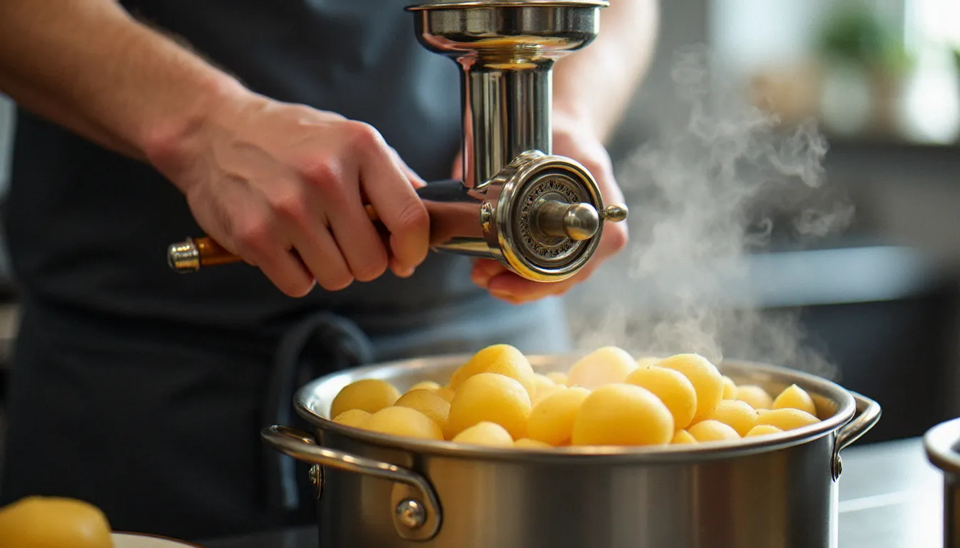 Mains de cuisinier utilisant un moulin à légumes pour préparer une purée maison dans la cuisine d'un bistrot