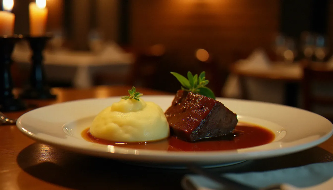 Assiette de bistrot avec purée maison crémeuse accompagnant une joue de bœuf braisée dans une ambiance de restaurant chaleureuse