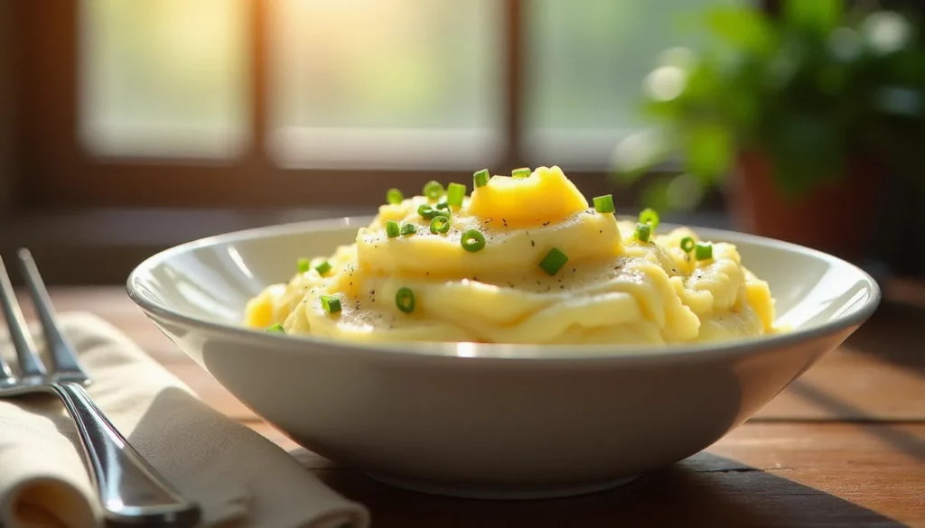 Bol de purée maison onctueuse garnie d'une noix de beurre fondue et de ciboulette fraîche sur une table de bistrot en bois