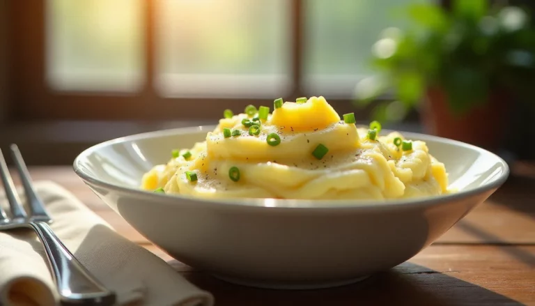 Bol de purée maison onctueuse garnie d'une noix de beurre fondue et de ciboulette fraîche sur une table de bistrot en bois