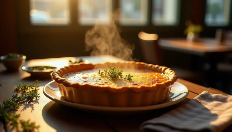 Quiche au thon dorée et fumante dans un plat en céramique rustique posé sur une table de bistrot en bois entourée de thym frais