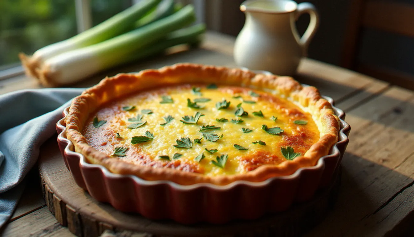 Une quiche aux poireaux dorée fumante sortie du four dans un plat en céramique cannelée, posée sur une table de bistrot en bois entourée de poireaux frais et d'un pot de crème