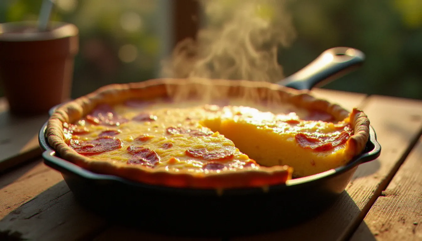 Une quiche lorraine dorée et fumante posée sur une table en bois de bistrot, révélant son appareil crémeux aux lardons et au gruyère fondu