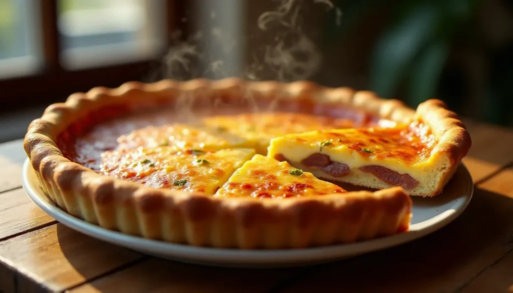 Quiche lorraine recette maison dorée et fumante posée sur une table en bois de bistrot, avec une part découpée révélant l'appareil crémeux aux lardons fumés