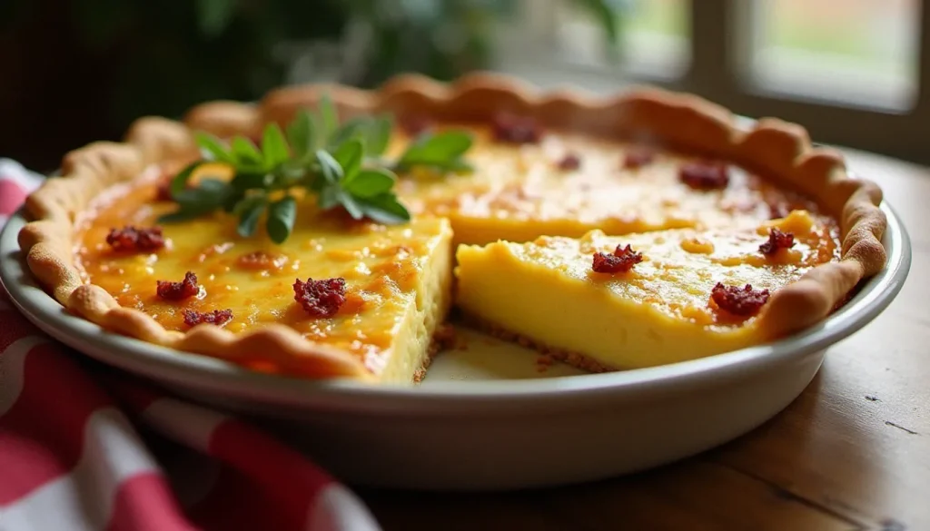 Quiche sans pate dorée aux poireaux et lardons dans un plat en céramique, posée sur une table en bois de bistrot lillois avec une serviette à carreaux rouge et blanc