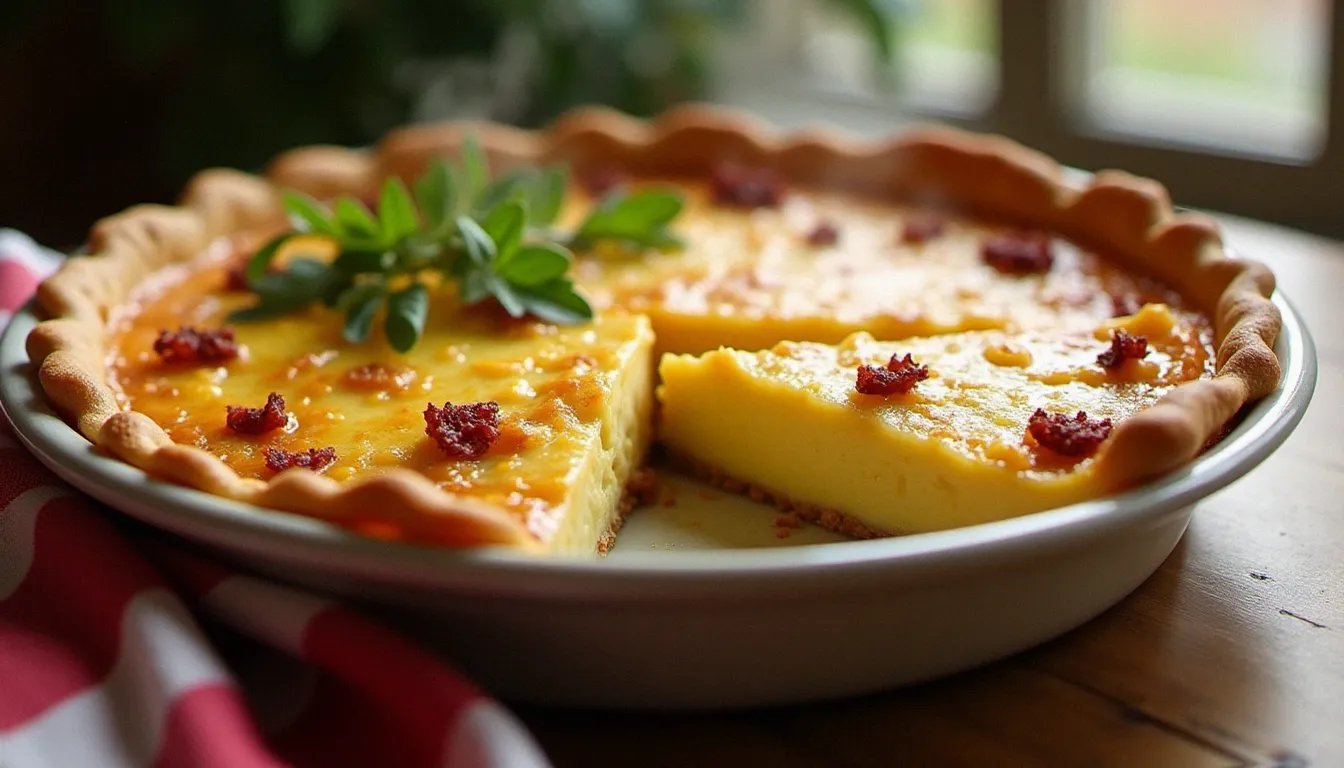 Quiche sans pate dorée aux poireaux et lardons dans un plat en céramique, posée sur une table en bois de bistrot lillois avec une serviette à carreaux rouge et blanc