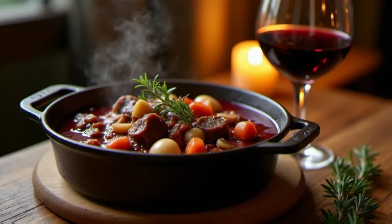 Cocotte en fonte remplie d'une recette boeuf bourguignon mijotée, avec morceaux de bœuf fondants, oignons grelots et champignons dans une sauce au vin rouge de Bourgogne, servie sur une table de bistrot