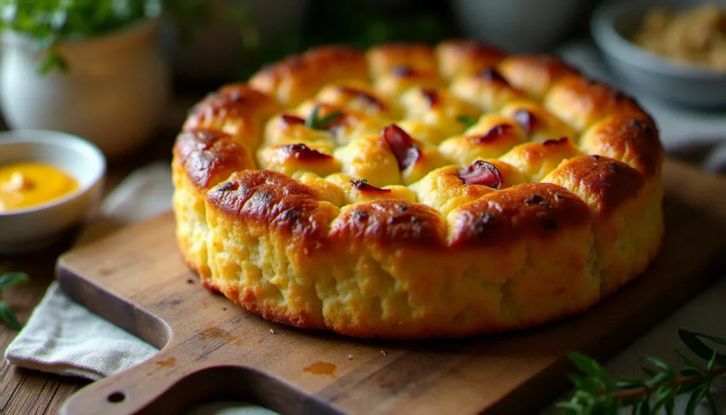 Recette cake salé lardons-comté entier posé sur une planche en bois rustique avec une croûte dorée et craquelée révélant la garniture fondante