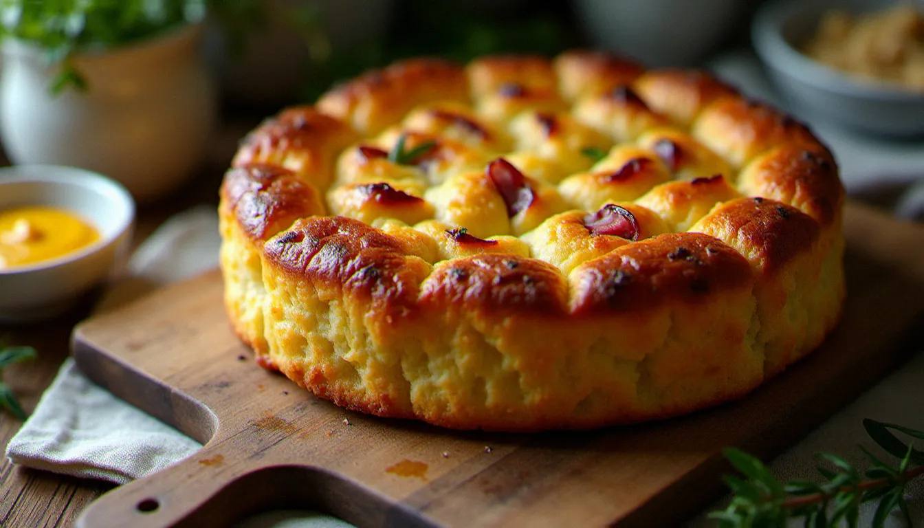 Recette cake salé lardons-comté entier posé sur une planche en bois rustique avec une croûte dorée et craquelée révélant la garniture fondante