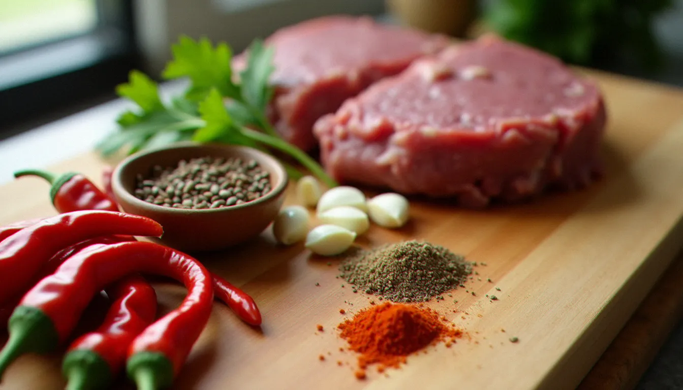 Planche en bois avec les ingrédients disposés pour une recette chili con carne : piments chipotle, cumin, paprika fumé, ail, oignon et viande hachée crue