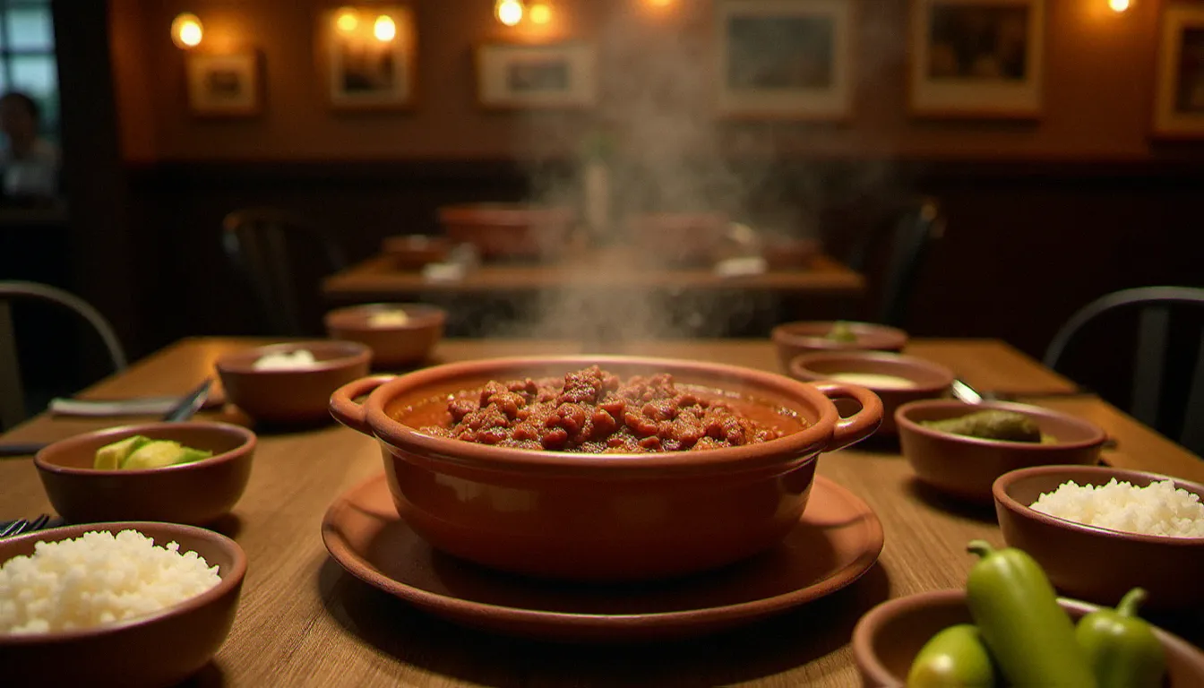 Table de bistrot conviviale avec un bol de chili con carne fumant au centre entouré d'accompagnements variés, éclairage chaleureux de restaurant français