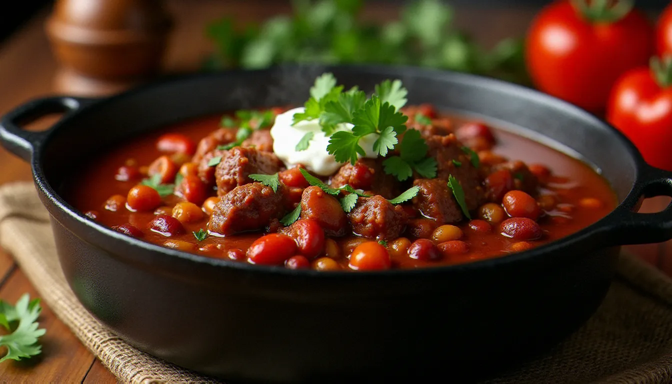 Cocotte en fonte remplie d'une recette chili con carne maison généreuse, avec haricots rouges, viande de bœuf fondante et garnitures fraîches sur table rustique