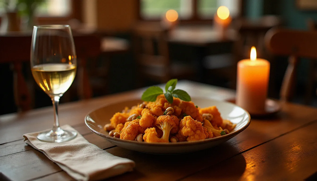 Plat de recette chou fleur rôti aux épices servi dans un plat en céramique rustique sur une table de bistrot dressée avec un verre de vin blanc et une bougie