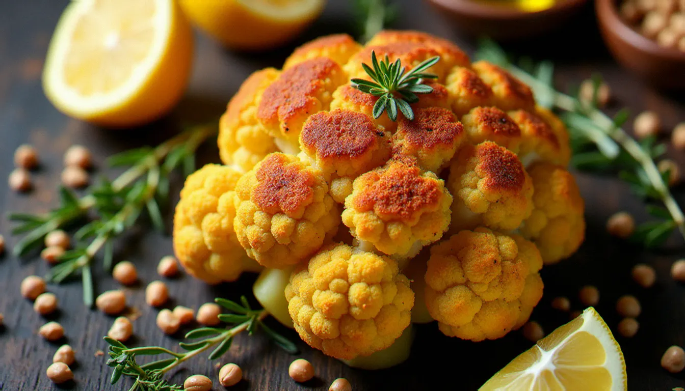 Recette chou fleur rôti entier aux épices, doré et caramélisé, posé sur une table en bois de bistrot avec des herbes fraîches et des noisettes
