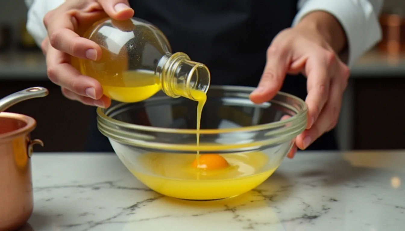 Les mains d'un cuisinier incorporant goutte à goutte de l'huile de tournesol dans un bol en verre contenant un jaune d'œuf et de la moutarde pour préparer une recette mayonnaise maison