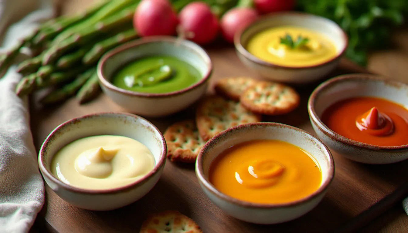 Assortiment de variations de mayonnaise maison dans de petits bols en céramique sur une table de bistrot, entourés de légumes frais et de crackers artisanaux pour la dégustation