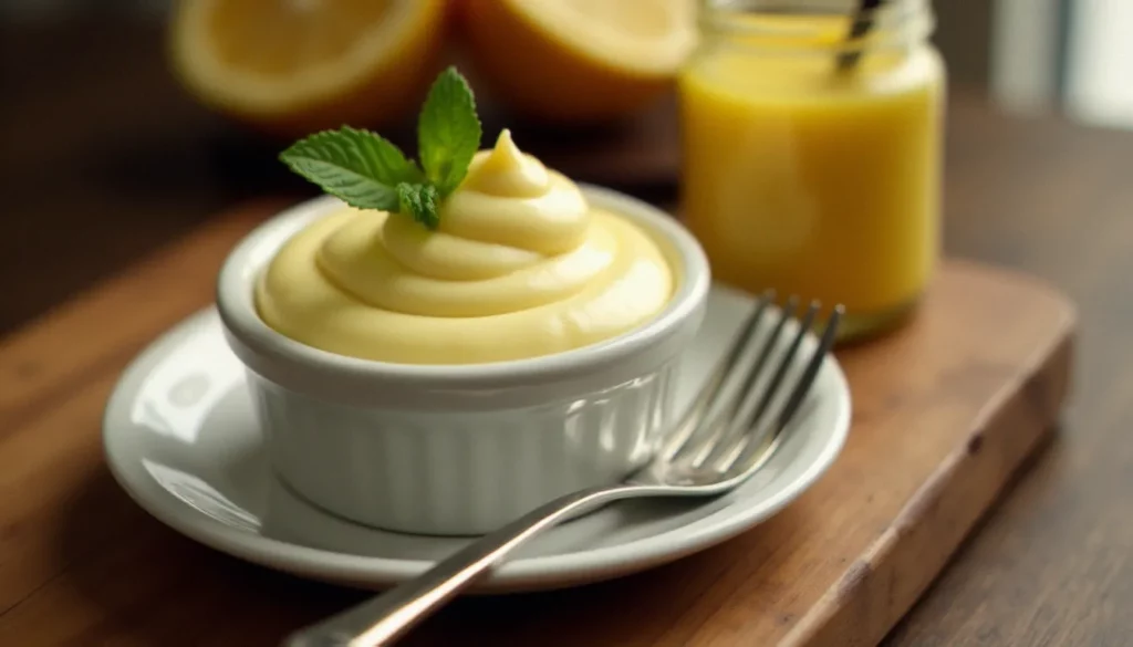 Ramekin de mayonnaise maison onctueuse et brillante posé sur une table de bistrot en bois avec un citron coupé et de la moutarde de Dijon en arrière-plan