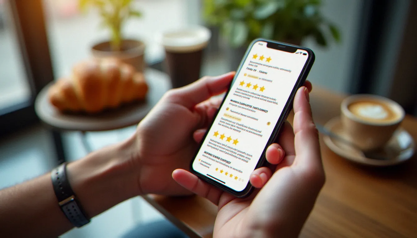 Une personne consulte des avis de restaurant sur son smartphone avant de choisir où dîner autour de chez elle, attablée dans un café