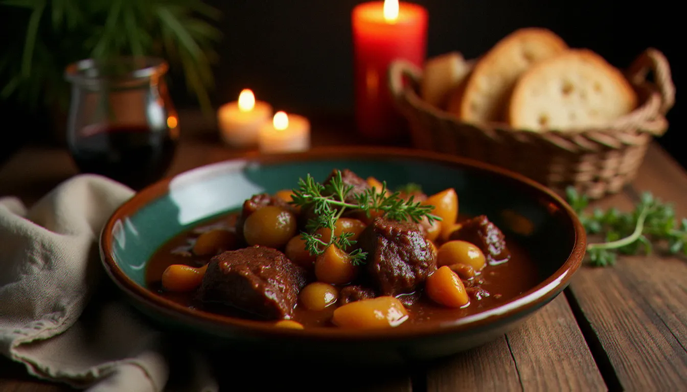 Assiette généreuse de bœuf bourguignon maison servie dans un plat en céramique rustique, illustrant la cuisine authentique d'un bon restaurant de quartier
