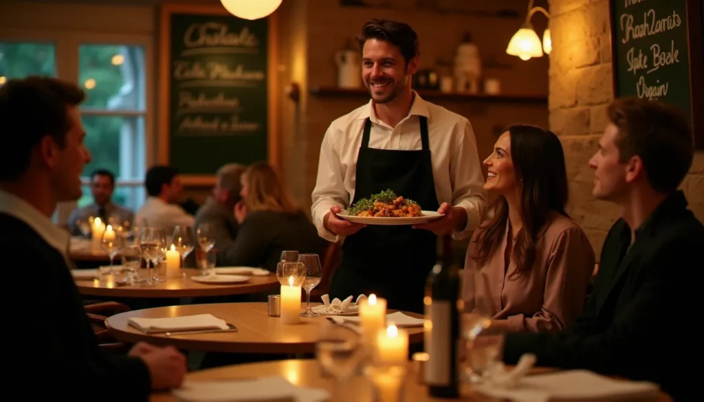 Salle de restaurant bistrot parisien chaleureuse le soir, service attentif illustrant l'expérience que l'on recherche quand on cherche un restaurant avis autour de soi