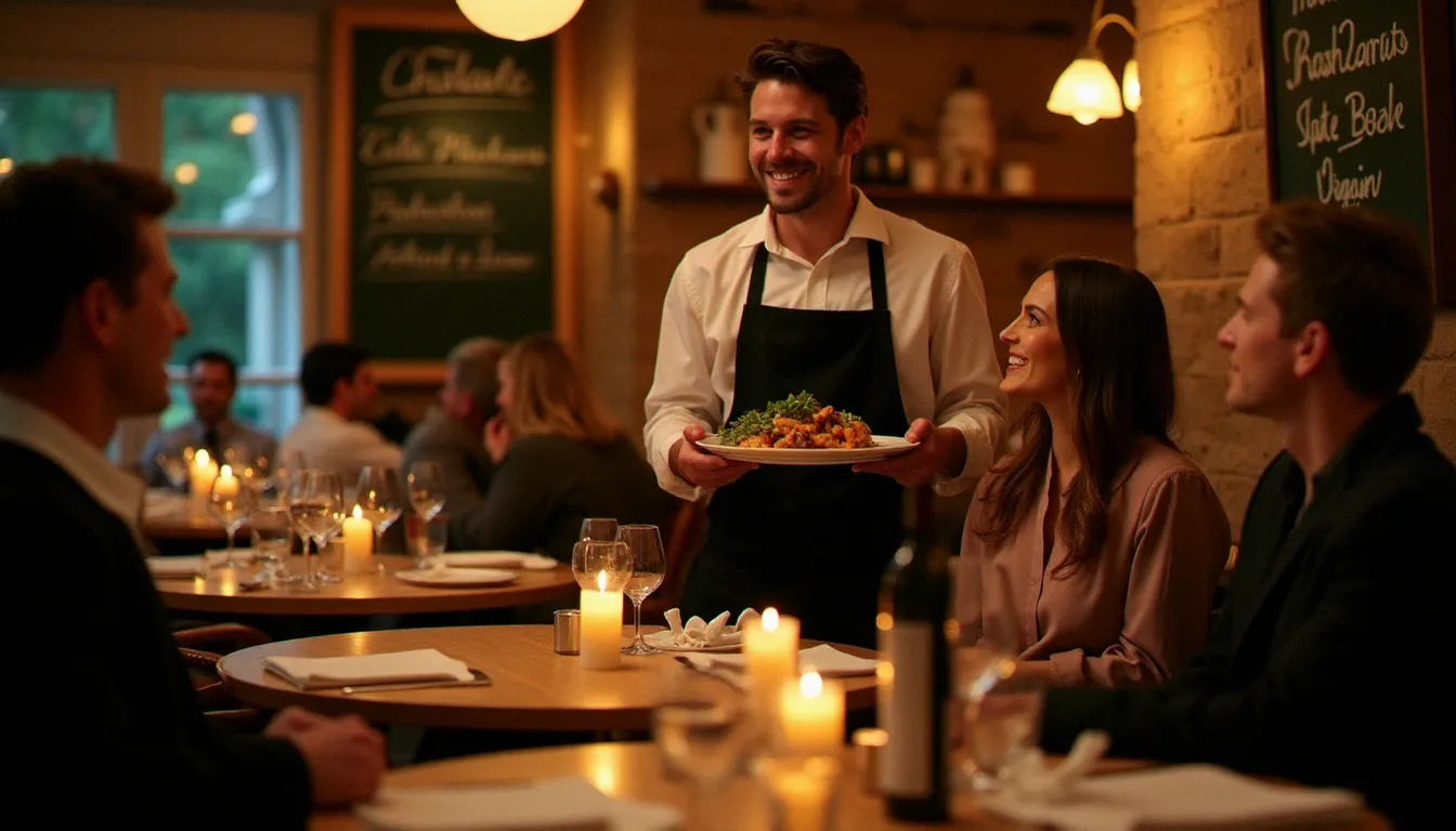 Salle de restaurant bistrot parisien chaleureuse le soir, service attentif illustrant l'expérience que l'on recherche quand on cherche un restaurant avis autour de soi