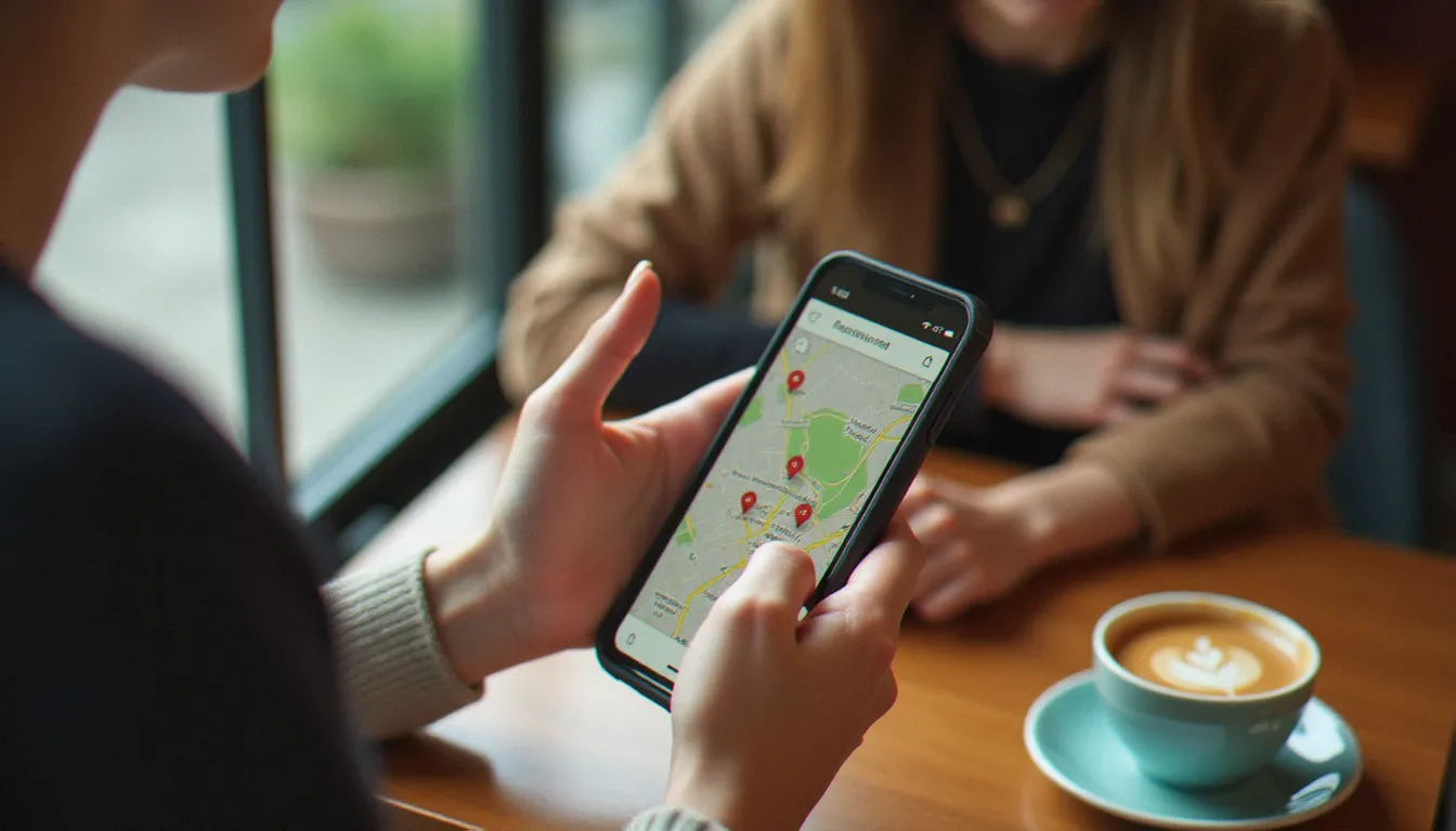 Personne consultant une application de recherche de restaurant meilleur autour de moi sur son smartphone, attablée dans un café en lumière naturelle