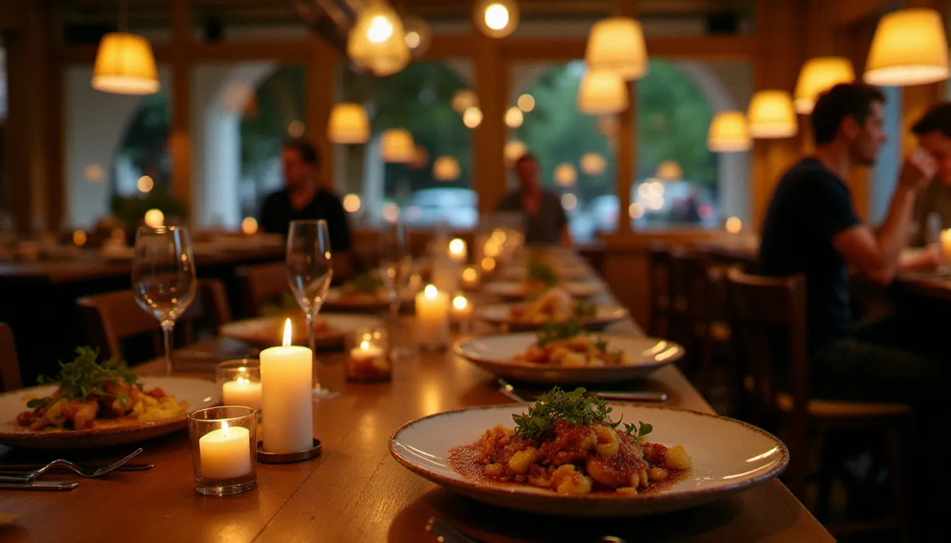Salle chaleureuse d'un restaurant meilleur autour de moi au service du soir, avec tables en bois, lumière dorée et assiettes de cuisine française de saison joliment dressées