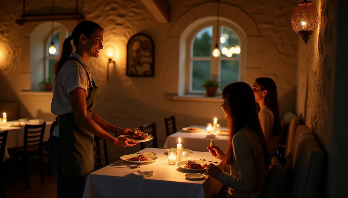 Salle de restaurant breton à l'ambiance intime, décorée de filets de pêche, avec une serveuse apportant des spécialités marines aux clients lors d'un service du soir