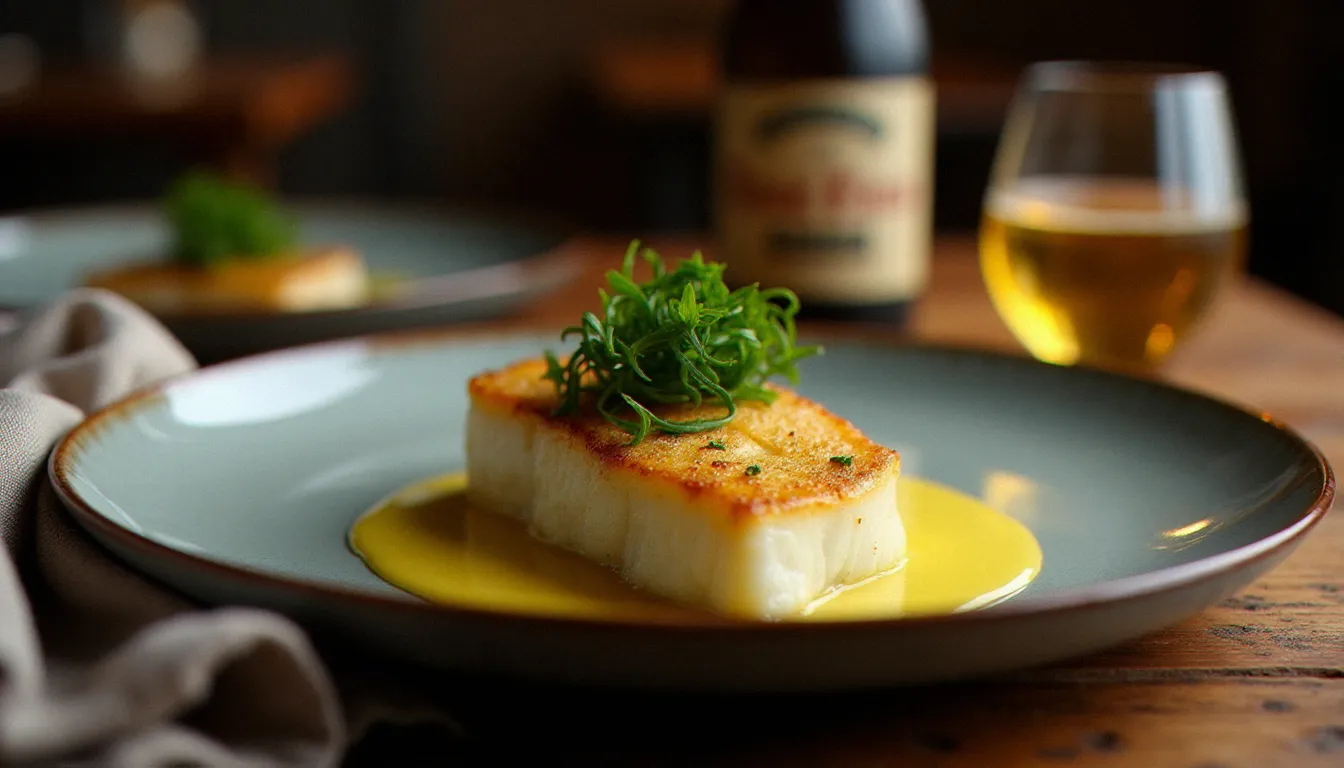 Assiette de filet de poisson breton poêlé au beurre blanc aux algues, accompagnée d'un verre de cidre artisanal, servie dans un restaurant de caractère à Dinard