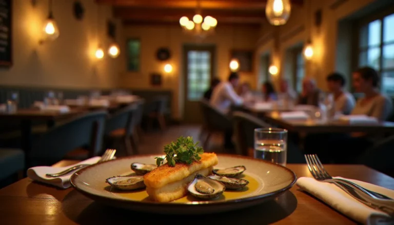 Intérieur chaleureux du restaurant Pourquoi Pas à Dinard, avec tables en bois, ardoise manuscrite et assiettes de fruits de mer bretons typiques de la côte d'Émeraude