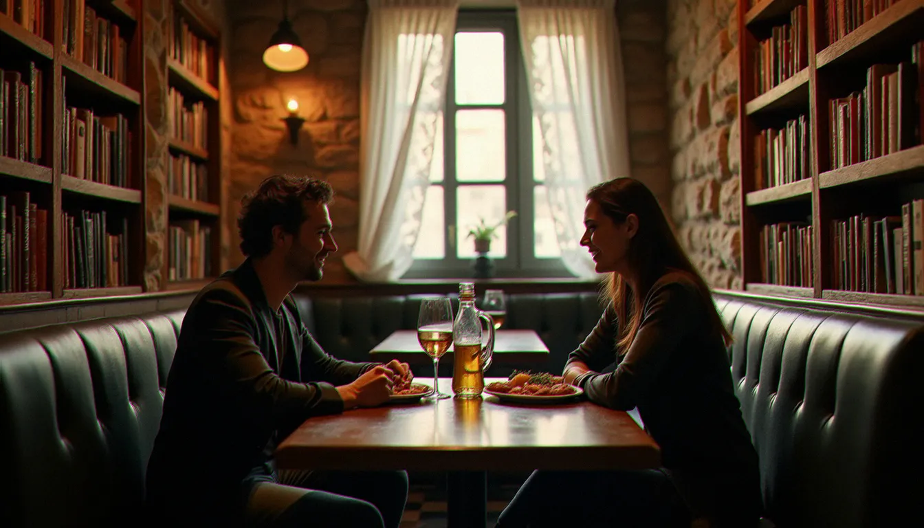 Bistrot français chaleureux avec bibliothèque murale en pierre apparente, deux convives en conversation animée autour d'un repas simple et d'un pichet de vin blanc, lumière naturelle tamisée à travers des rideaux en dentelle