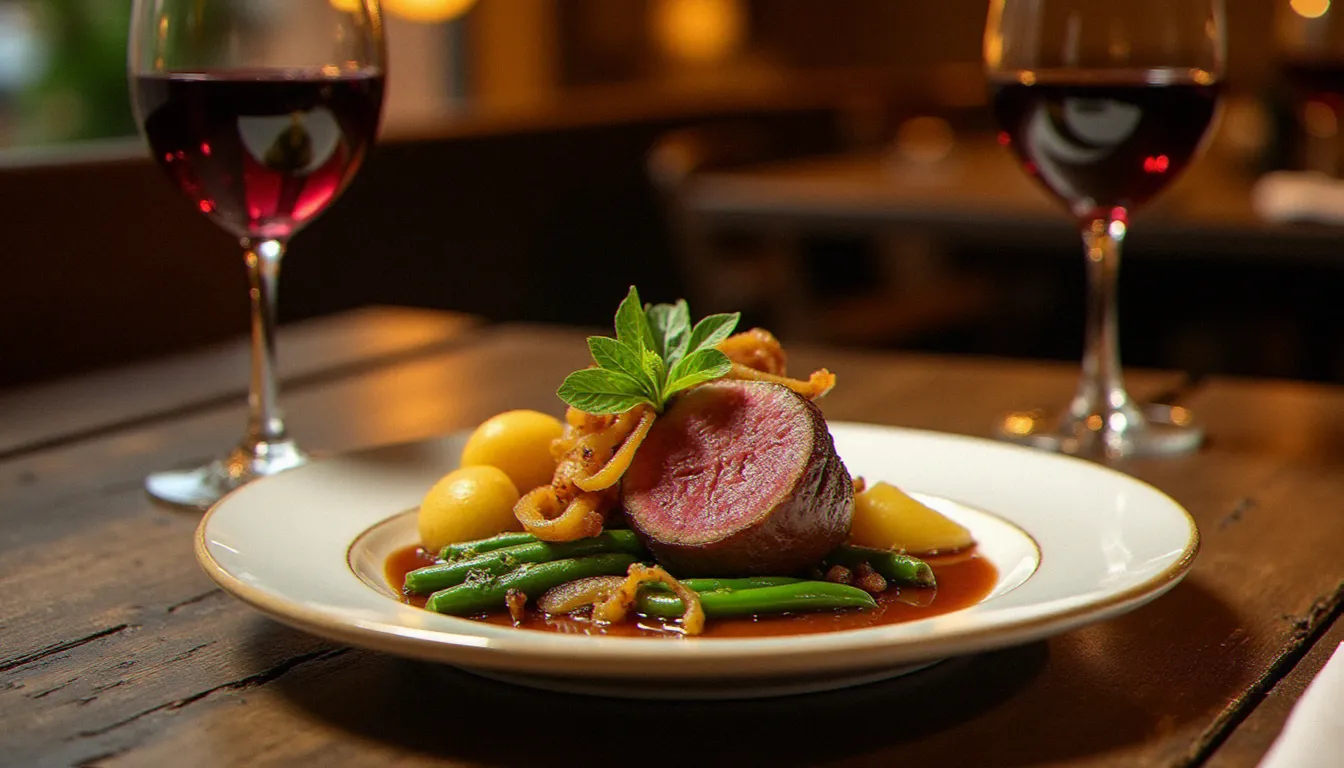 Assiette de foie de veau rôti aux oignons confits accompagné de haricots verts et pommes de terre croustillantes, servie sur table en chêne dans un bistrot classique français, verre de vin rouge de Bourgogne posé à côté