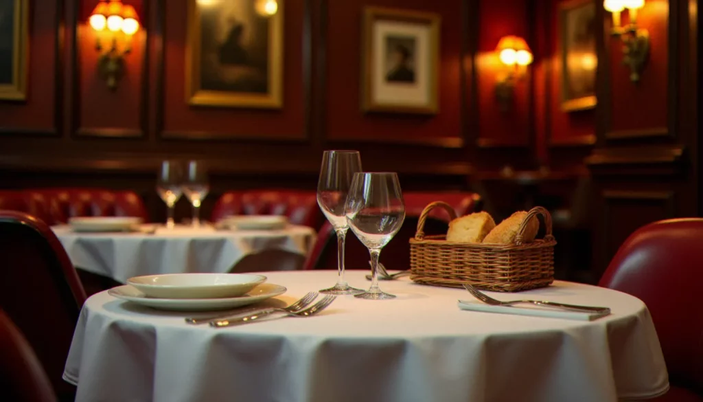 Salle de brasserie parisienne classique avec table dressée pour un déjeuner littéraire solennel, banquettes en cuir rouge et boiseries sombres évoquant l'atmosphère feutrée du restaurant du Prix Goncourt