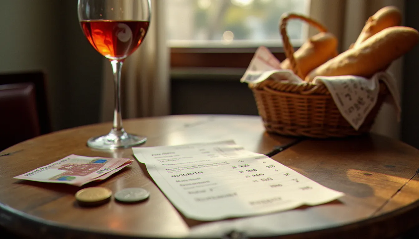 Addition posée sur une table de bistrot avec un verre de vin rouge et une corbeille de pain, symbolisant la décomposition du prix moyen au restaurant français