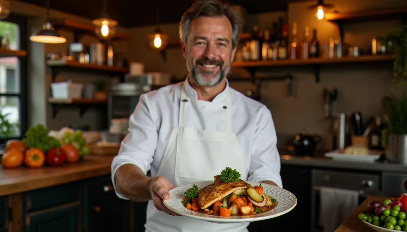 Chef souriant présentant un plat de saison dans un bistrot du nord de la France, illustrant le rapport qualité-prix et l'engagement pour la cuisine locale