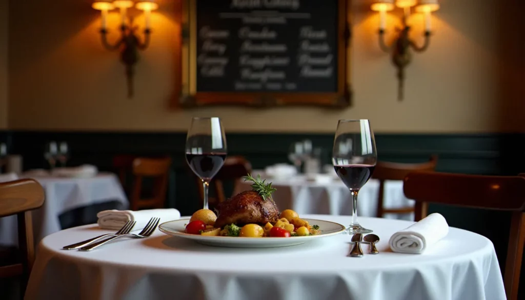 Table dressée dans un bistrot français chaleureux avec une assiette généreuse et un verre de vin rouge, illustrant le restaurant prix moyen en France