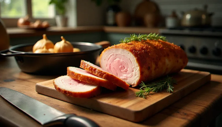 Rôti de porc au four doré et tranché sur une planche en bois rustique, entouré de thym frais et d'ail caramélisé dans un plat en fonte, lumière naturelle de cuisine de bistrot