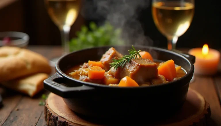 Saute de porc mijotée en cocotte en fonte avec carottes et herbes aromatiques, servie dans un bistrot rustique français à la lumière des bougies