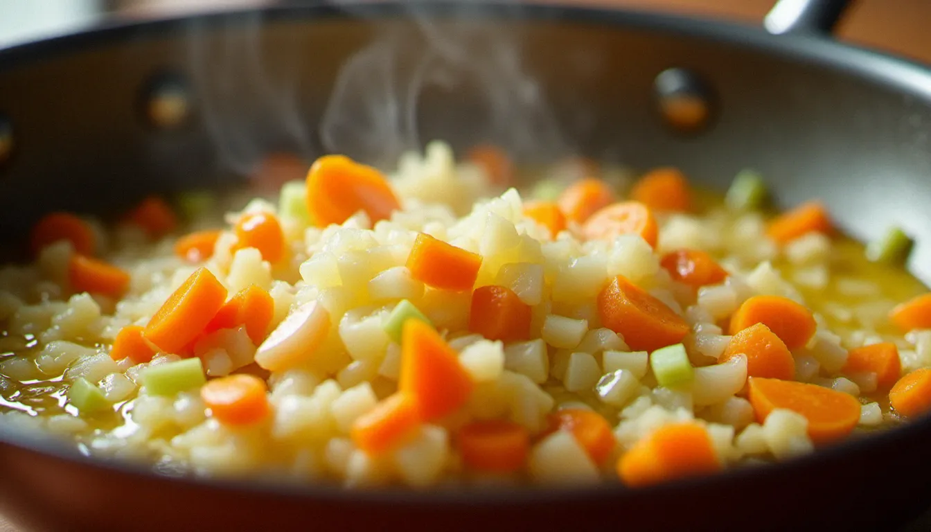 Soffritto de base composé d'oignon, carotte et céleri fondant doucement dans l'huile d'olive, première étape essentielle d'une sauce bolognaise maison