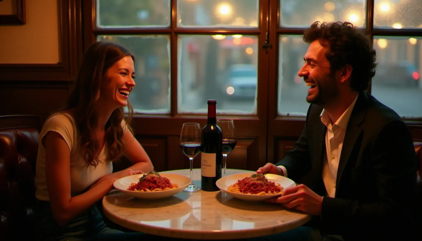 Deux convives partageant des spaghetti bolognaise autour d'une bouteille de vin rouge dans un bistrot convivial en soirée, illustrant la convivialité du plat