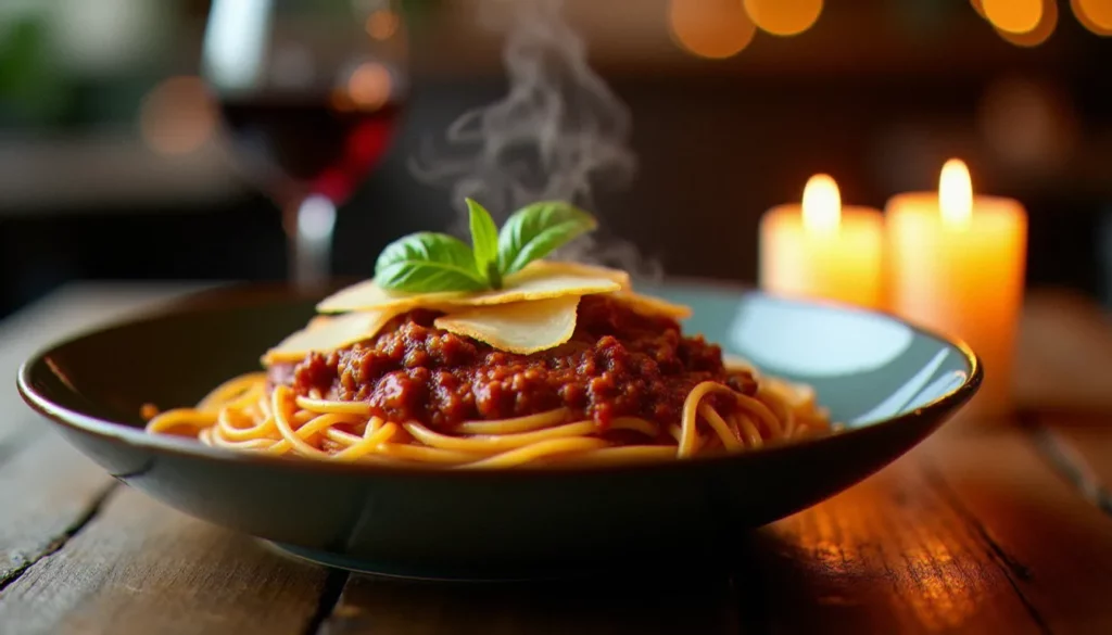 Assiette creuse de spaghetti bolognaise avec sauce à la viande généreuse et parmesan fondant, servie dans un bistrot lillois à la lumière des bougies