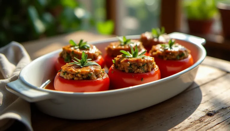 Plat de tomates farcies dorées au four dans un plat ovale en céramique blanche, jus caramélisé et persil plat frais, posé sur une table de bistrot en bois patiné