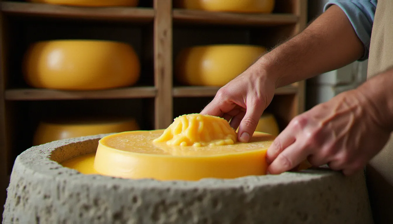Mains d'un artisan fromager auvergnat manipulant de la tome fraîche de Cantal dans un buron de montagne, ingrédient emblématique de la truffade traditionnelle