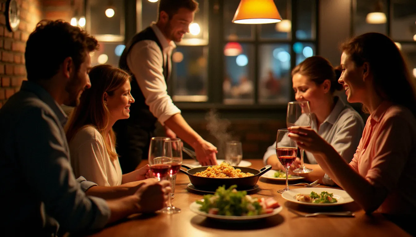 Service convivial d'une truffade fumante dans un bistrot chaleureux, entourée d'une salade verte et de charcuterie de pays, moment de partage autour du plat auvergnat