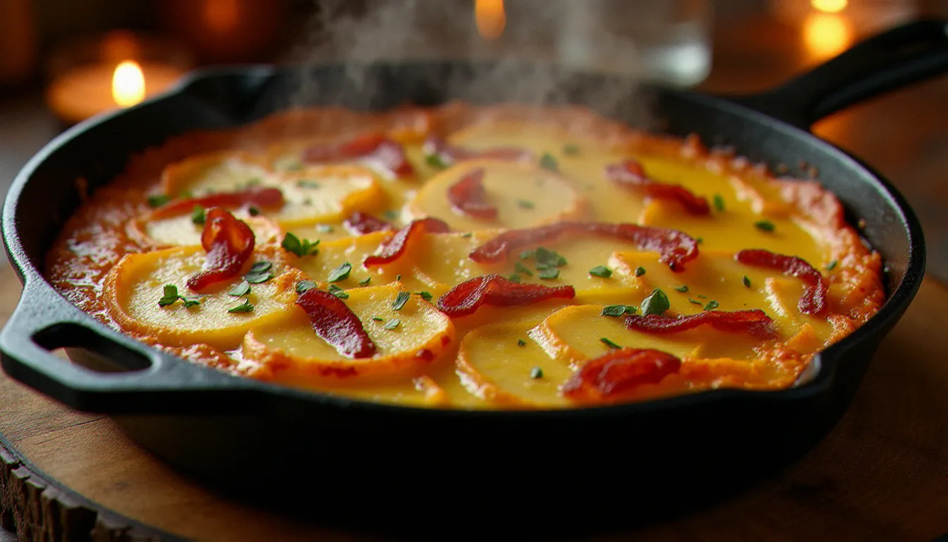Poêle en fonte de truffade dorée avec tome fraîche fondue et lardons, posée sur une table de bistrot en bois, plat traditionnel auvergnat fumant